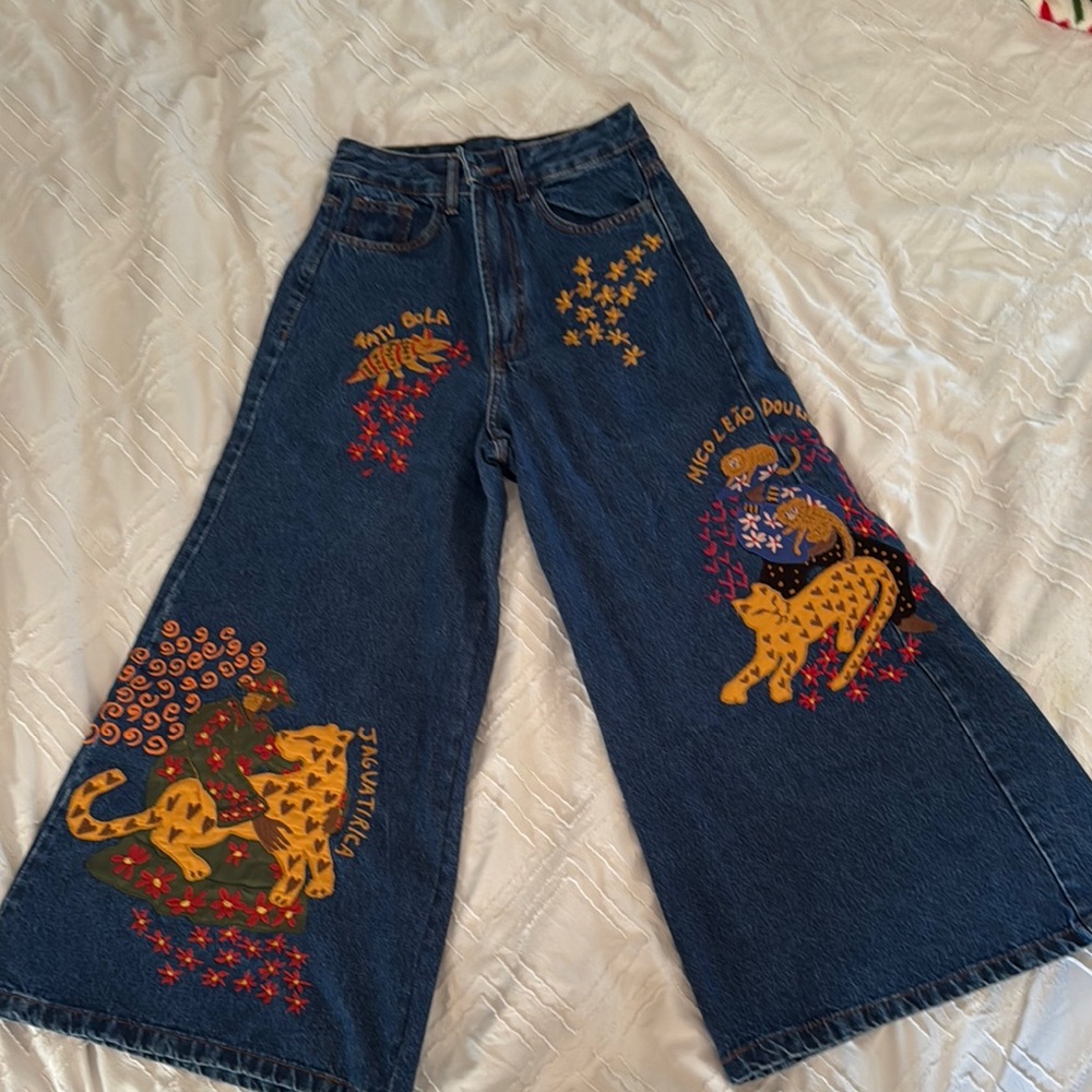 Farm Rio Wide Leg Embroidered Animals Dark Blue Jeans- Brazil Size 34 - Picture 1 of 10